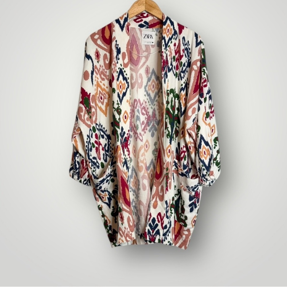 Zara The Hanoi Open Kimono Ikat Print Womens Size Medium Pockets Linen Blend EUC - Picture 2 of 9